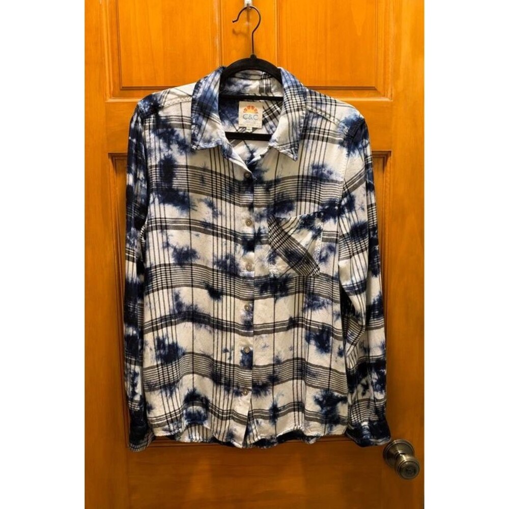 Navy and White Tie-Dye Plaid Flannel Button Up